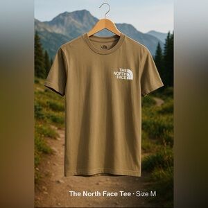 The North Face Graphic Logo Tee Shirt Mens M Tan Khaki “Never Stop Exploring”